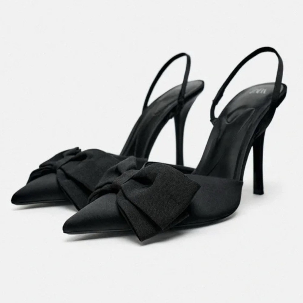 Zara Elegant Black Slingback Heels with Bow